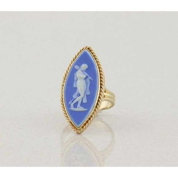 14k Yellow Gold Blue Wedgewood Cameo Ring Vintage Size 7 - Picture 5 of 7